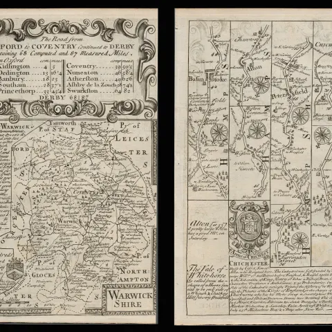 Bowen 290 Yrs Old Scarce Detailed Road Map Oxford to Coventry Banbury Nuneaton Derby.