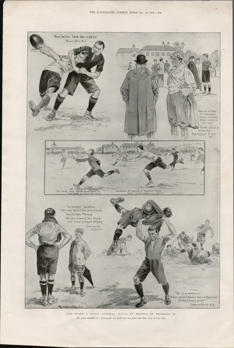 The North v The South Rugby Match Antique 1900 Print