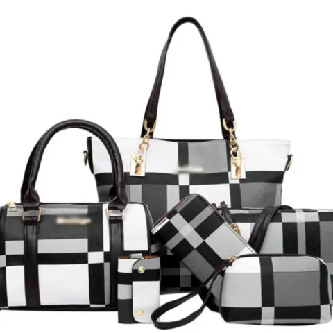 6pcs set Large Capacity Checkered Pattern Shoulder Bag With Simple Handbag, Crossbody Bag, Clutch...