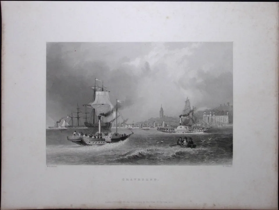 Kent Gravesend Harbour WH Bartlett 183 Years-Old Antique Steel Engraving-62