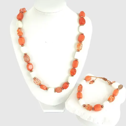 Lola Rose Coral & White Polished Quartz Gemstone Necklace & Bracelet Set 'New'