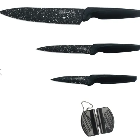 Royalty Line RL-MB3B: 3 Pieces Mable Coated Kitchen Knife Set With Pocket Knife Sharpener