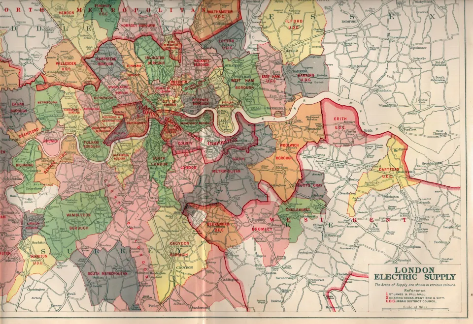 Bacons Vintage 98 Years-Old London Electric Supply Map West Ham, Chelsea, Fulham.
