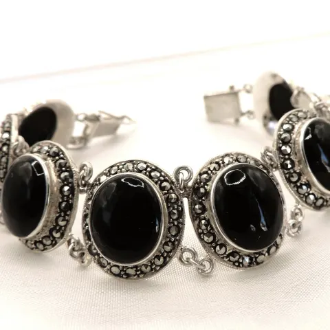 Vintage Sterling Silver Black Onyx & Marcasite Bracelet with Gift Box