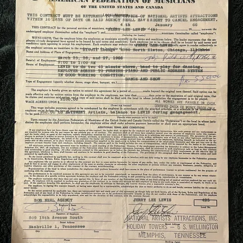 An Entertainment Contract Signed By Jerry Lee Lewis