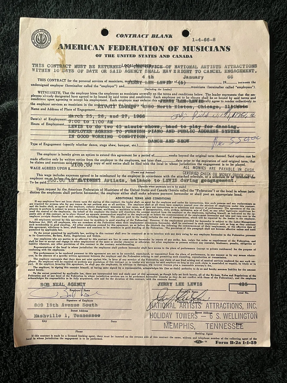 An Entertainment Contract Signed By Jerry Lee Lewis