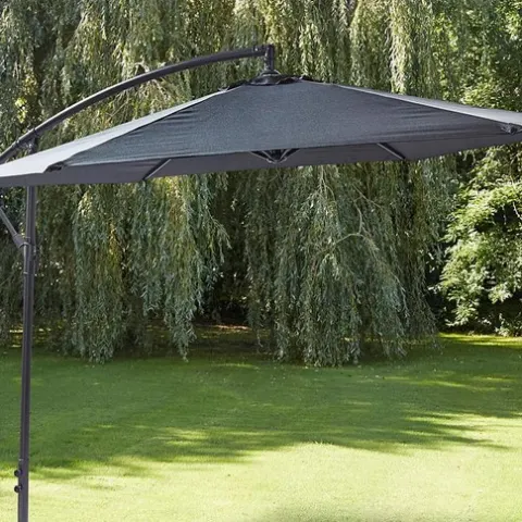 (110/P) RRP £109. 3m Elton Cantilever Overhanging Parasol Grey. Crank Mechanism Makes It Easy To Op