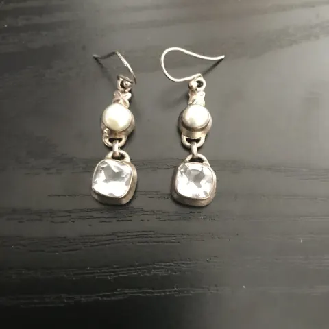 Vintage 925 Sterling Silver Clear Quartz and Pearl Drop Earrings