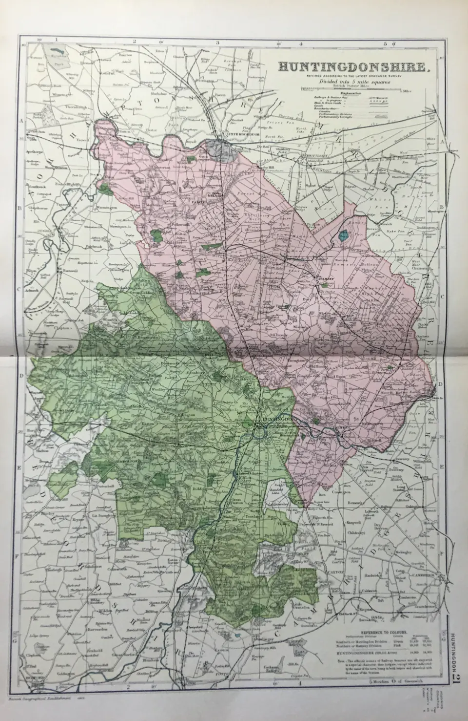 Coloured Antique Large Map Huntingdonshire GW Bacon 1904