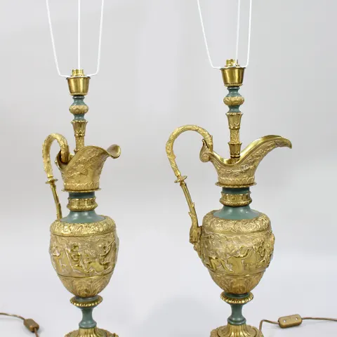 Pair of Antique Ormolu Ewer Form Table Lamps
