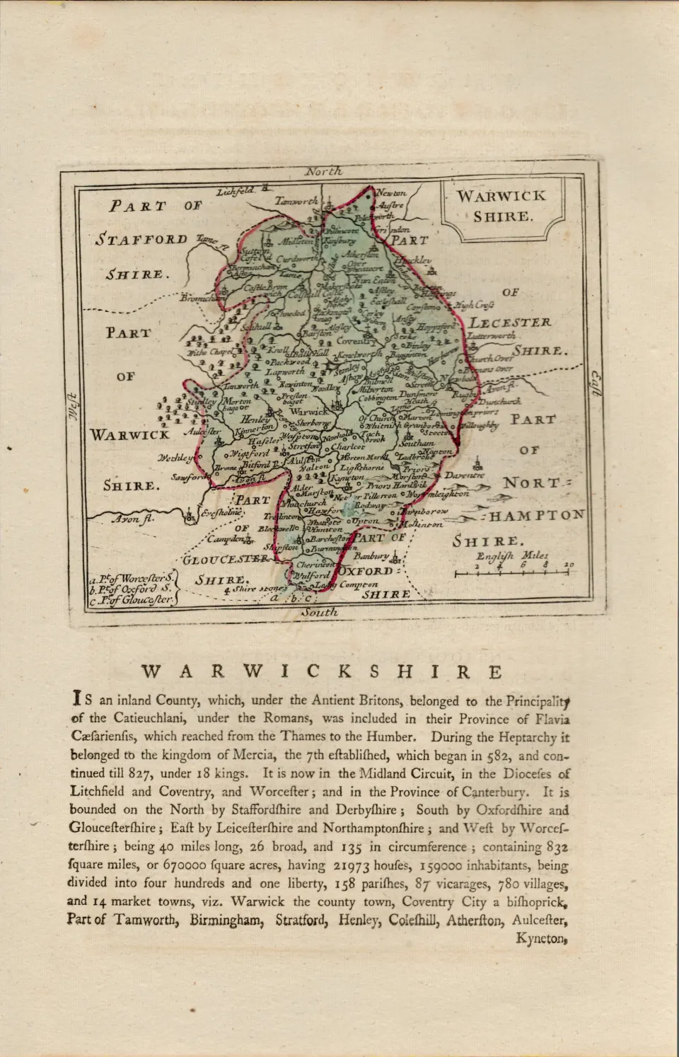 Warwickshire  Antique c1783 F Grose Copper Coloured George III Map.