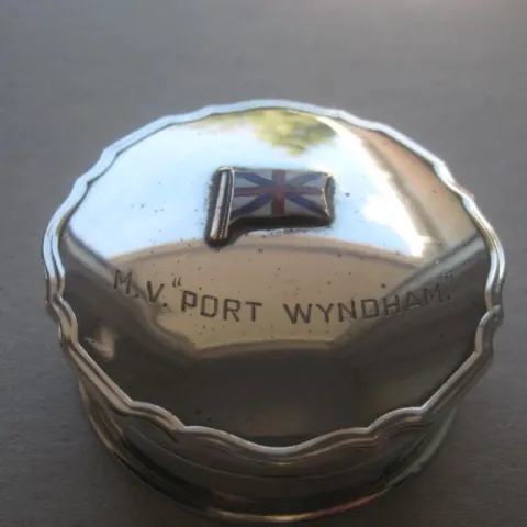 Vintage Silver Plated M.V. Port Wyndham Engraved Souvenir Pill Box