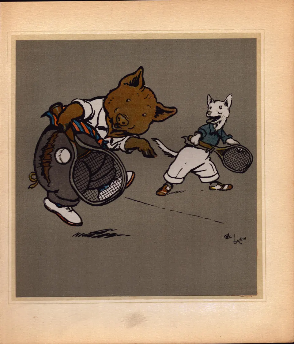 Cecil Aldin Merry Party Rare Antique Book Plate “ Pig & Fox Playing Tennis”