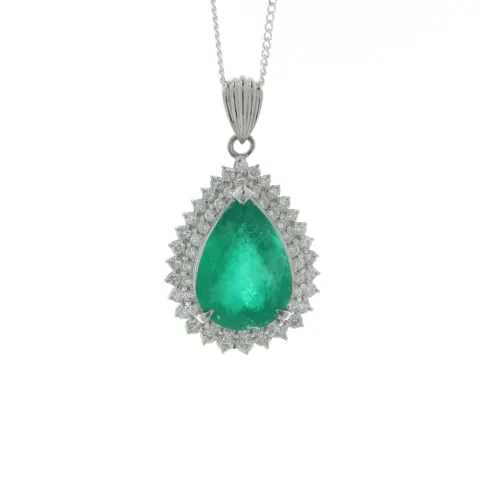 Platinum Pear Cluster Diamond And Emerald Pendant (E6.16) 0.86 Carats