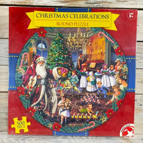 500 piece Christmas Celebratrion, round jigsaw puzzle