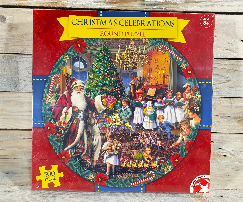 500 piece Christmas Celebratrion, round jigsaw puzzle