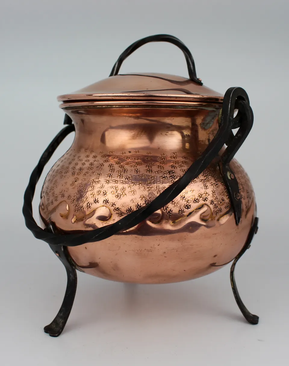 Antique French Copper & Wrought Iron Lidded Footed Pot