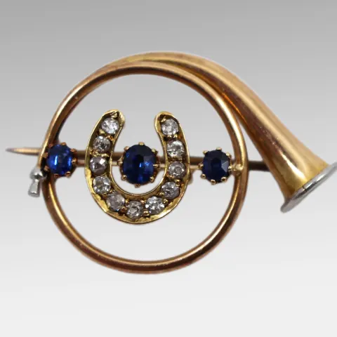 Edwardian Diamond & Sapphire Gold Hunting Horn Brooch