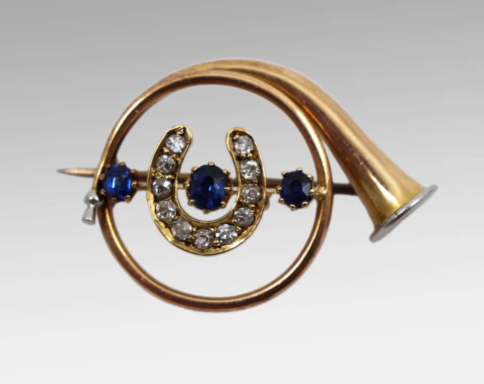 Edwardian Diamond & Sapphire Gold Hunting Horn Brooch