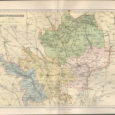 Hertford St Albans Stevenage Hitchin Watford Victorian Antique Map.
