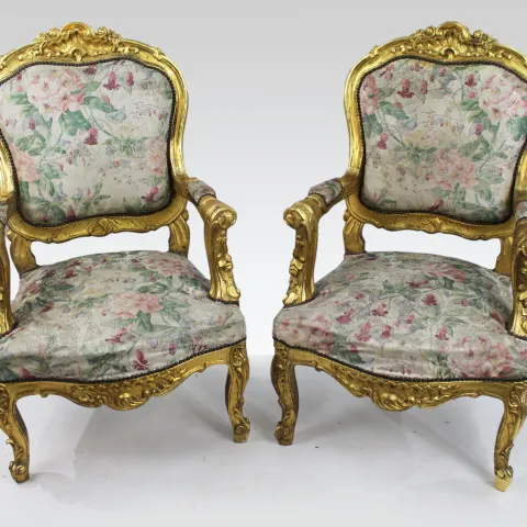 Pair of Carved Giltwood Louis XV Style Upholstered Armchairs