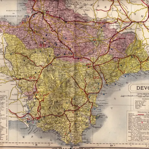 The County of Devon Large Victorian Letts 1884 Antique Coloured Map.