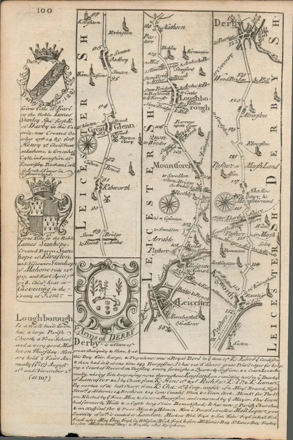 Britannia Depicta E Bowen Rare c1730 Map Leicester Loughborough Derby Northampton