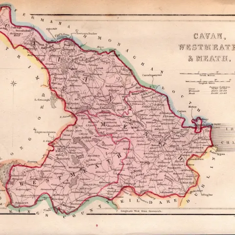Cavan, Westmeath, Meath  Antique 1850’s Map Mrs Hall Tour of Ireland.