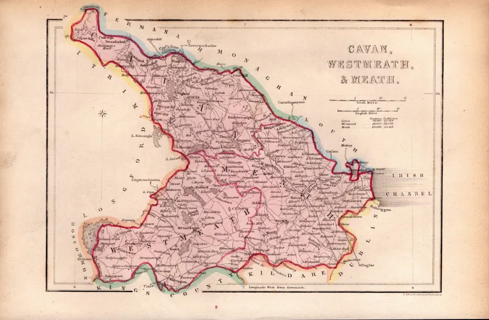 Cavan, Westmeath, Meath  Antique 1850’s Map Mrs Hall Tour of Ireland.