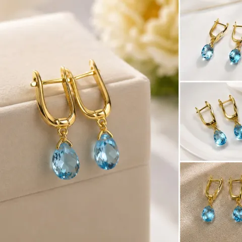 Natural Blue Topaz Drop Earrings – Gold Tone