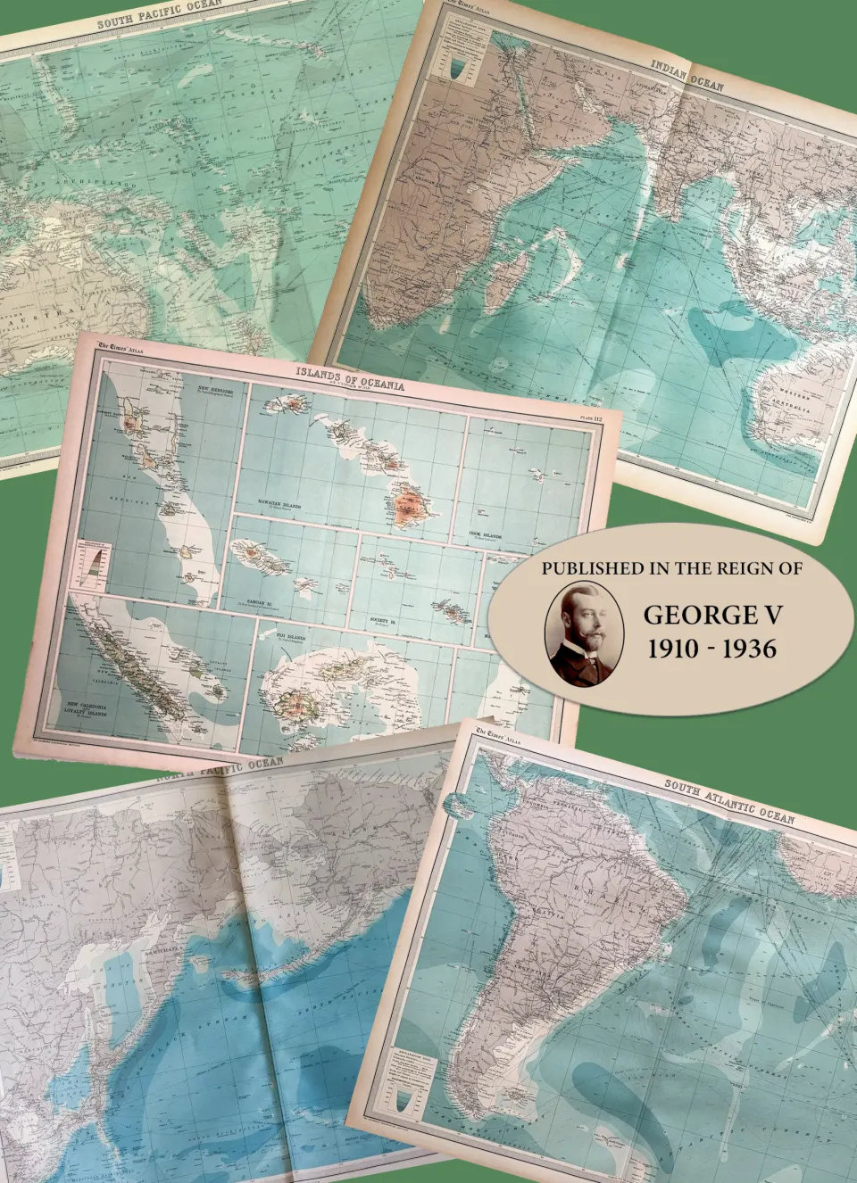 Job-Lot 5 Antique John Bartholomew Oceans of The World Large Coloured Maps.