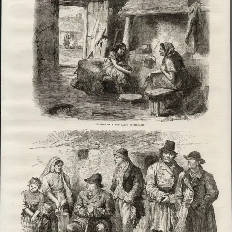 Interior Mud Cabin Kildare Ireland 1870 Wood Engraved Antique Print.