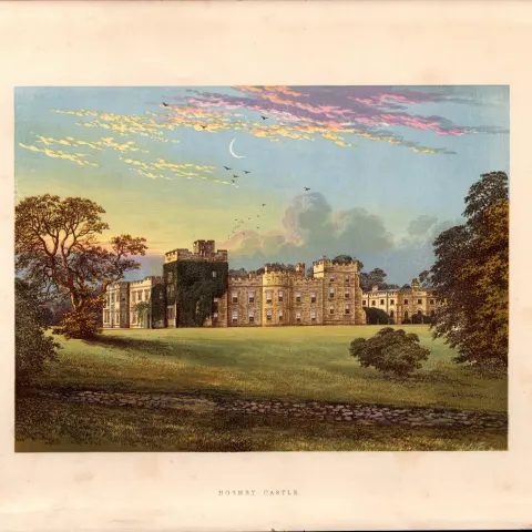 Hornby Castle Nr Bedale Yorkshire Gilt-Edge Coloured Antique Book Plate.