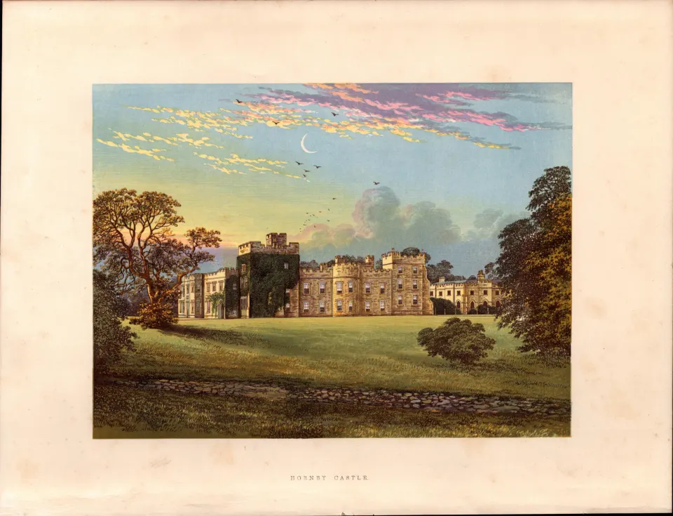 Hornby Castle Nr Bedale Yorkshire Gilt-Edge Coloured Antique Book Plate.