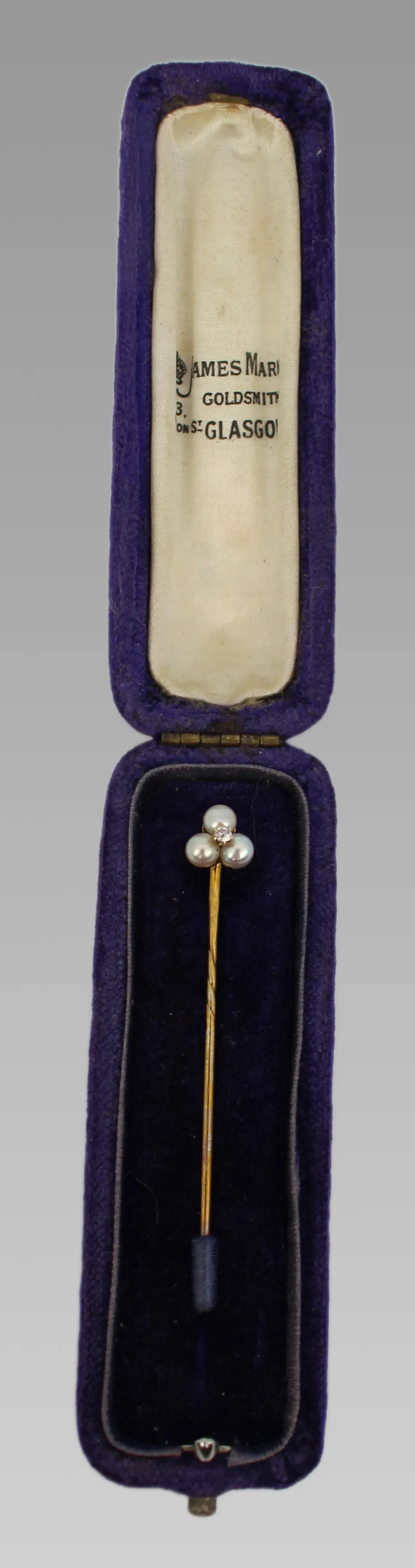 Antique Gold Stick Pin with Pearls & Diamond in James Mark Box, Glasgow