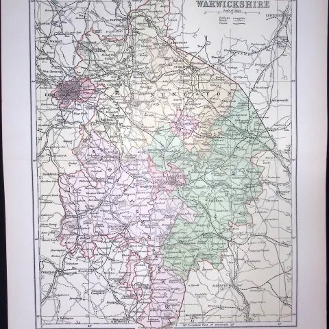 Warwickshire Detailed 1894 Antique Coloured 130 Years-Old Map.