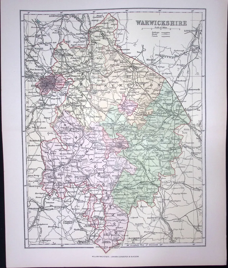 Warwickshire Detailed 1894 Antique Coloured 130 Years-Old Map.