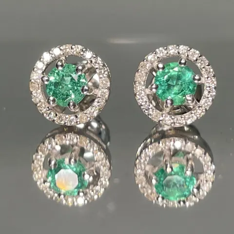 Beautiful Natural Emerald Halo Set Stud Earrings 18k White Gold