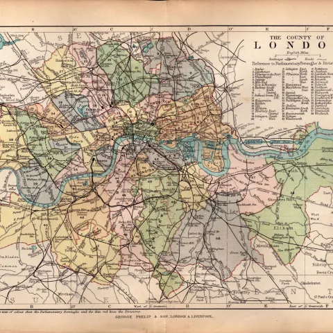 County of London 1895 Antique Queen Victoria Detailed  Coloured Map.