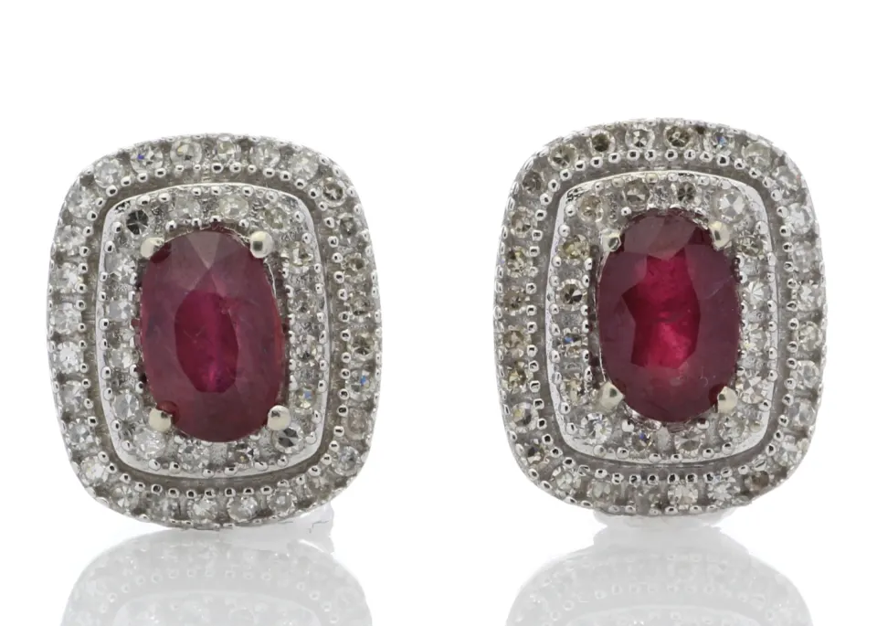 9ct White Gold Oval  Ruby and Diamond Earrings