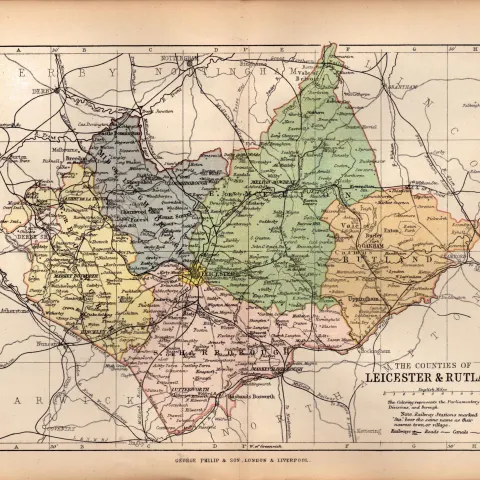 County of Leicestershire 1895 Antique Victorian Coloured Map.