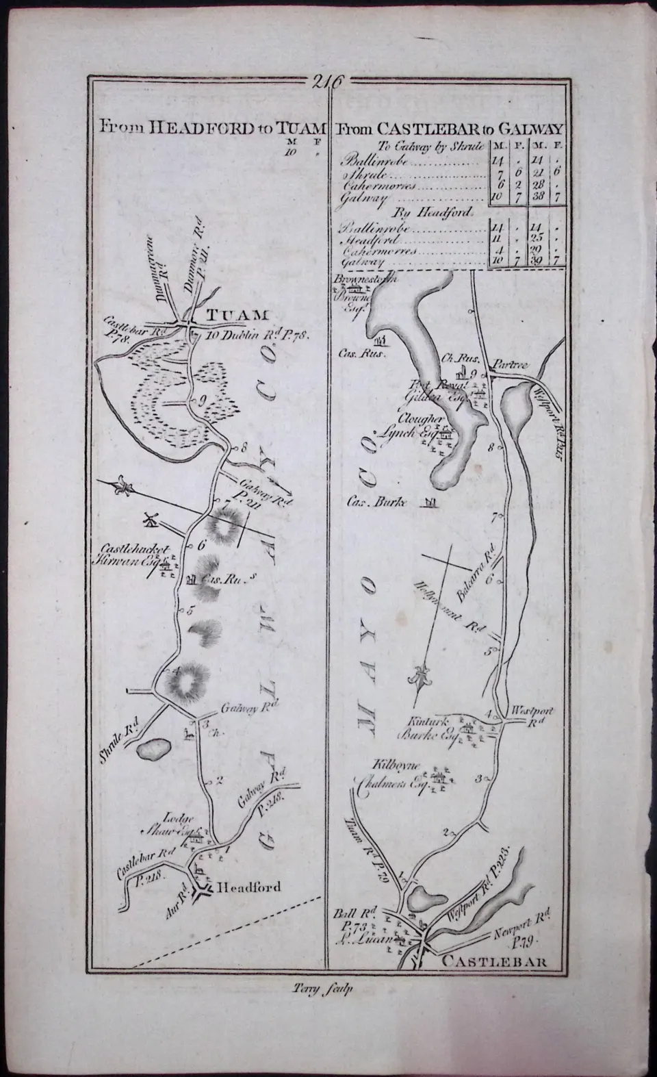 Ireland 245 Years -Old Antique Road Map Tuam, Castlebar, Galway-216