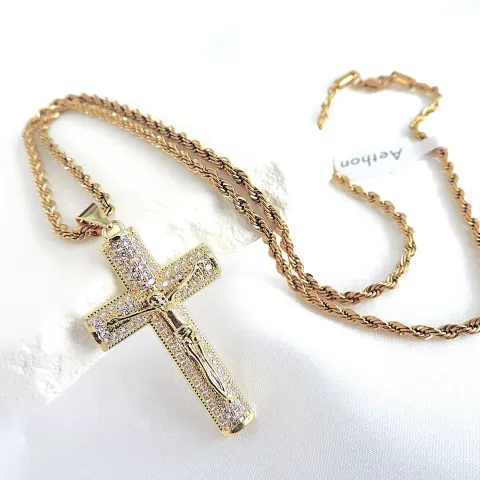 Aethon Gold Plated White Zircon Gemstone Cross On 22 inch Rope Chain