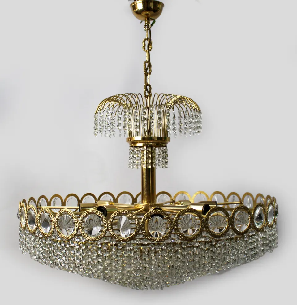 Large & Impressive Vintage Italian Crystal Gold Plated Chandelier