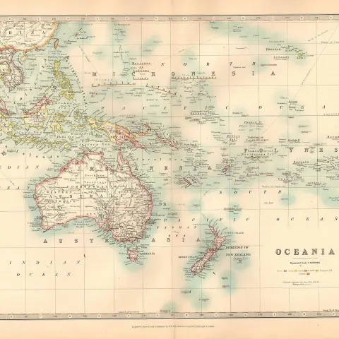 Oceania Australia New Zealand Micronesia Polynesia Coloured Antique Map.