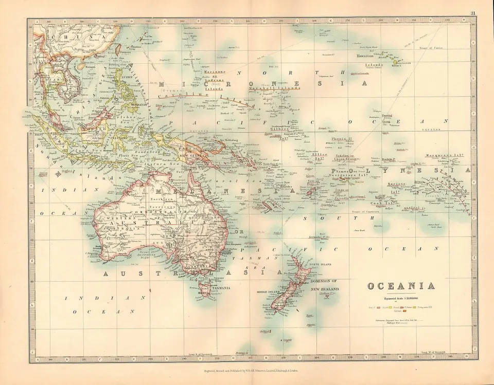 Oceania Australia New Zealand Micronesia Polynesia Coloured Antique Map.