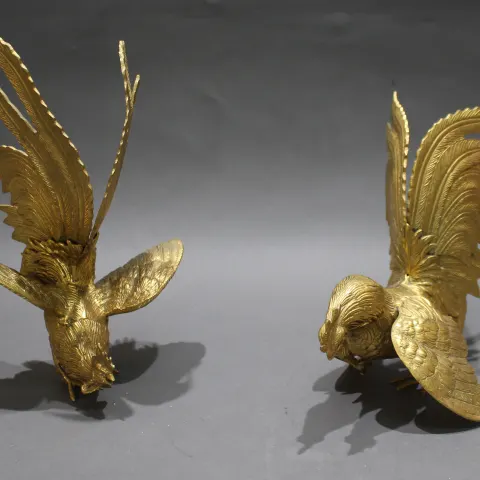 Pair of Gilt Metal Fighting Cock Sculptures
