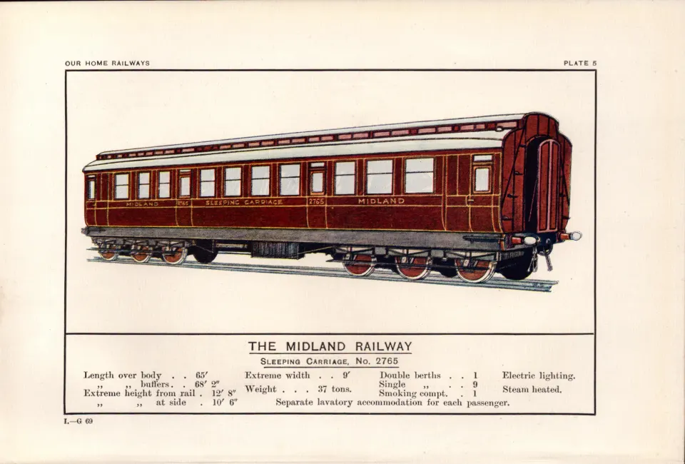 The Midland Railway Sleeper Carriage Train Detailed Antique Book Plate.