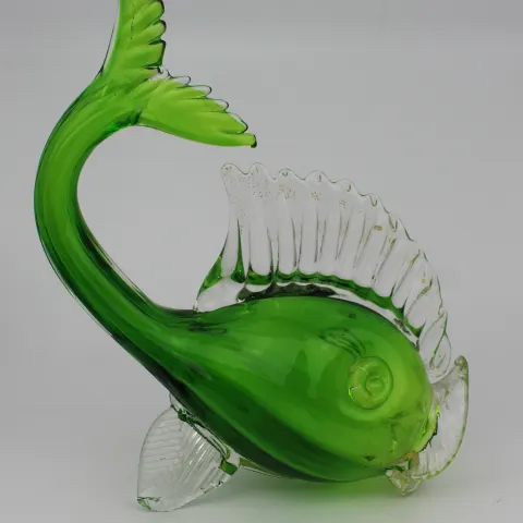 Murano Style Green and Clear Art Glass Fish Sculpture