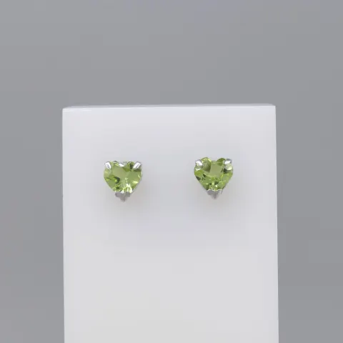Heart-shaped Ear Studs Set With Peridot Gemstones, In 18ct White Gold, Boxed